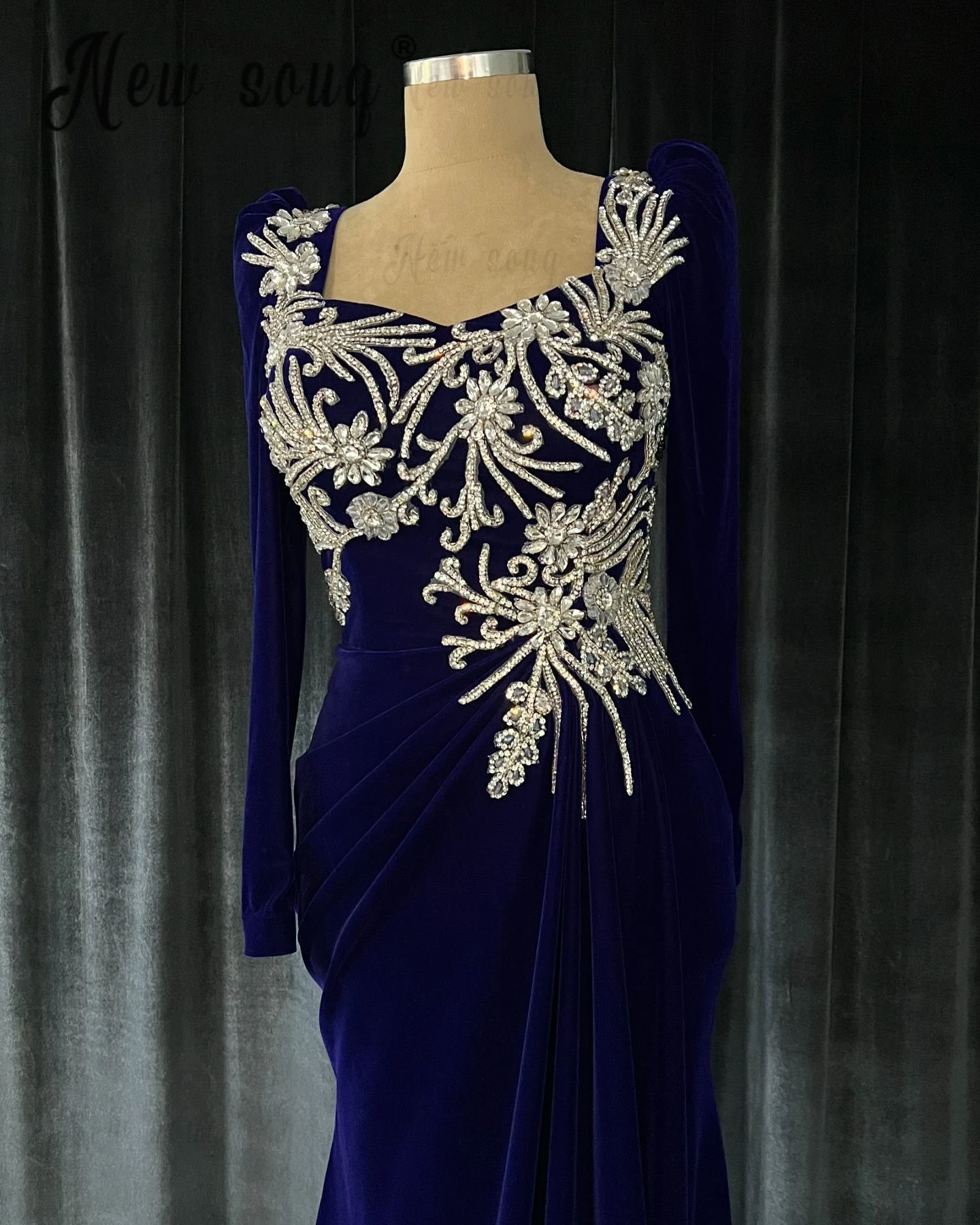 Elegant Royal Blue Velvet Women Party Dress Luxury Arabic Long Sleeve Slimming Mopping New Prom Gowns Vestido De Noiva