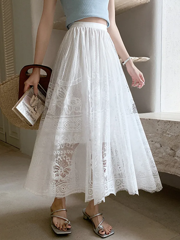 

New Fashion Solid Lace Skirt Women Summer Elastic High Waist Hollow out A-line Wild Long Skirts