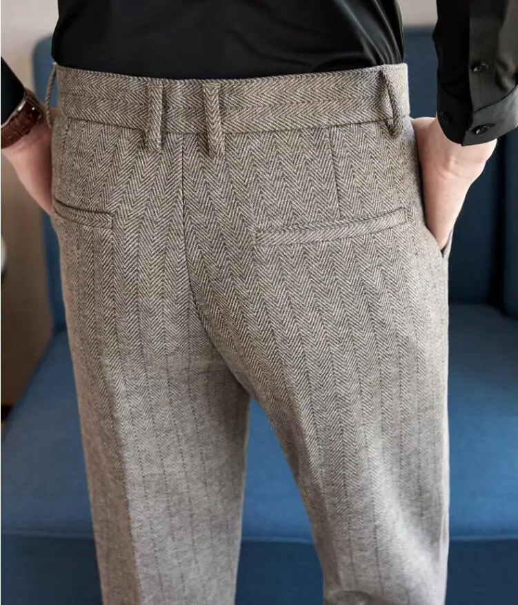 Celana Panjang Pria Bahan Wol Bergaris Musim Gugur Dingin 2025, Tebal Hangat, Fashion Bisnis Kasual, Model Lurus Formal