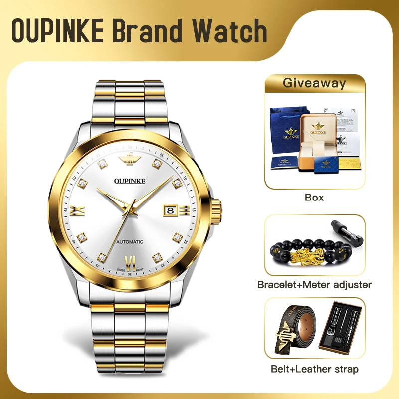 ﻿OUPINKE 3199 Mens Watch Original Automatic Swiss Movement Mechanical Watch﻿ 50M Waterproof Watches For Men Automatic Date Box