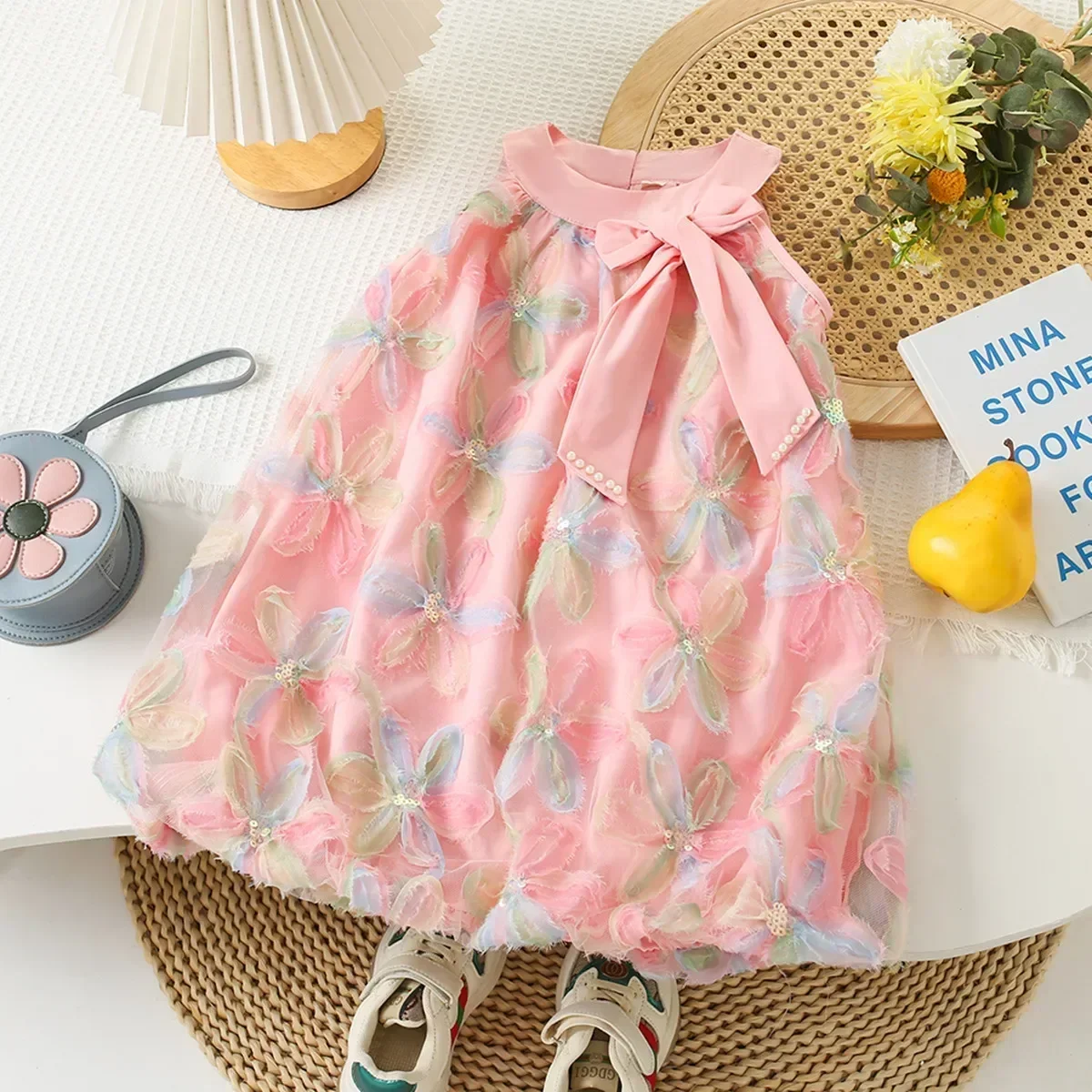 Baby Girls summer Sleeveless floral dress 2024 new children clothing Kids bowtie princess dress