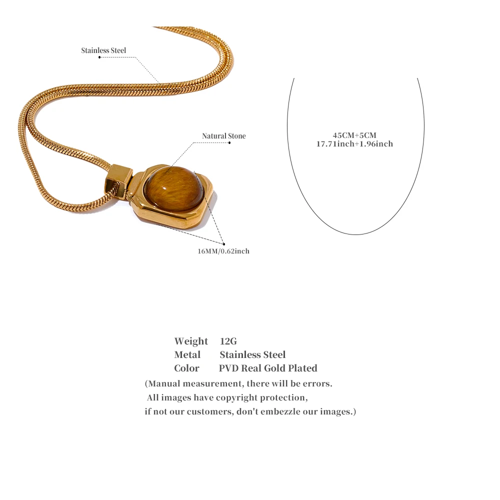 Yhpup High Quality Natural Tiger Stone Square Pendant Necklace Rust Proof Gold Color Fashion Collar Versatile Jewelry Gift