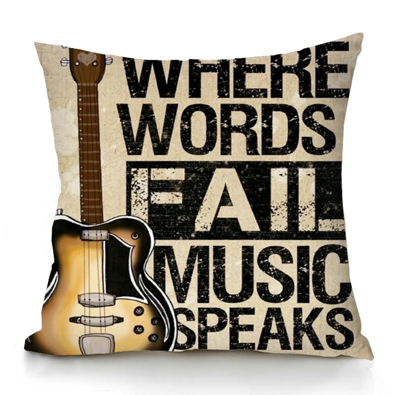 Home Decor Pop Band Cushion Cover Black Guitar Music Pillowcase Retro Speaker Piano Rock White