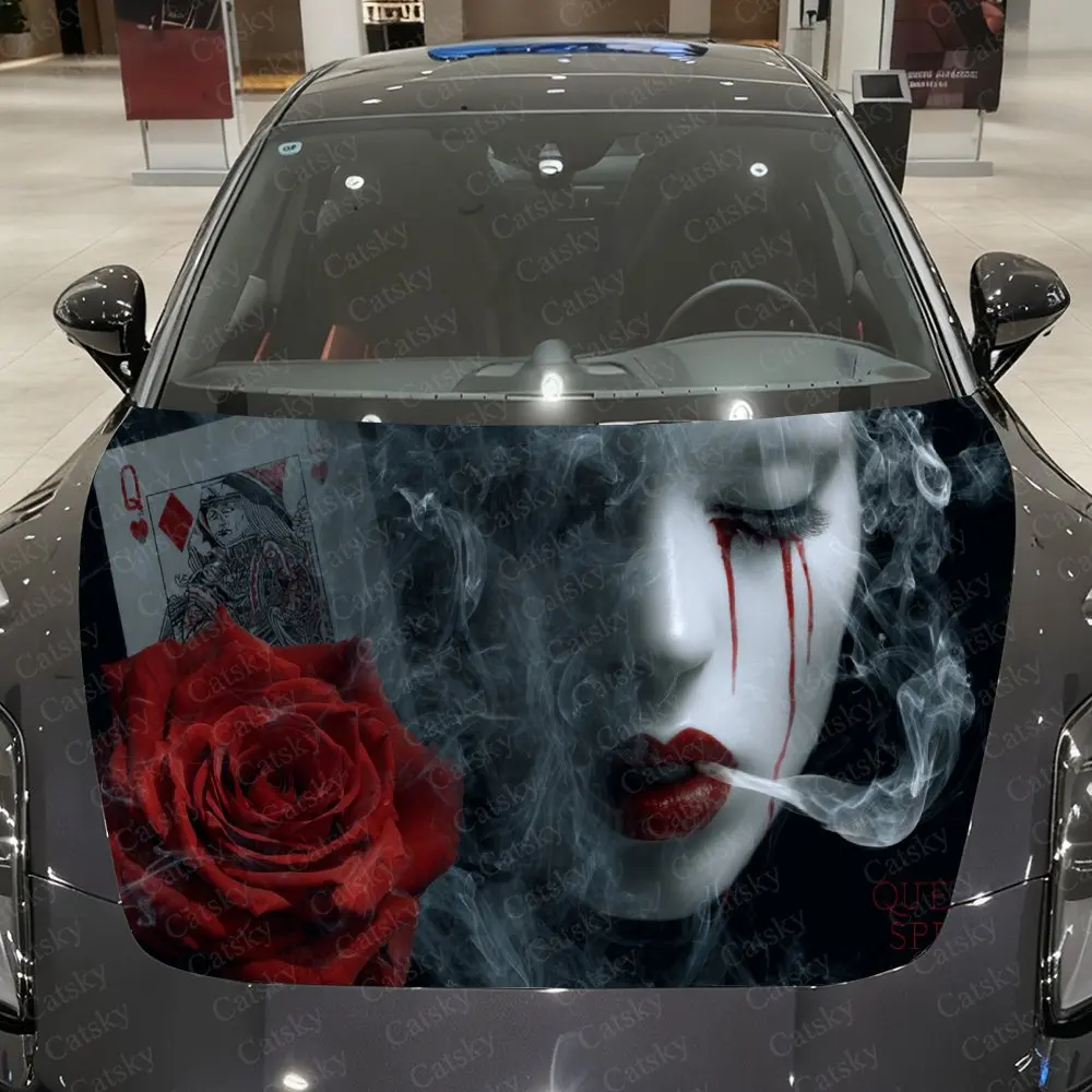 

Bloodstain Red Rose Phantom Car Vinyl Wrap, PVC Waterproof Car Hood Sticker, Self-Adhesive Scratch-Resistant Stickers