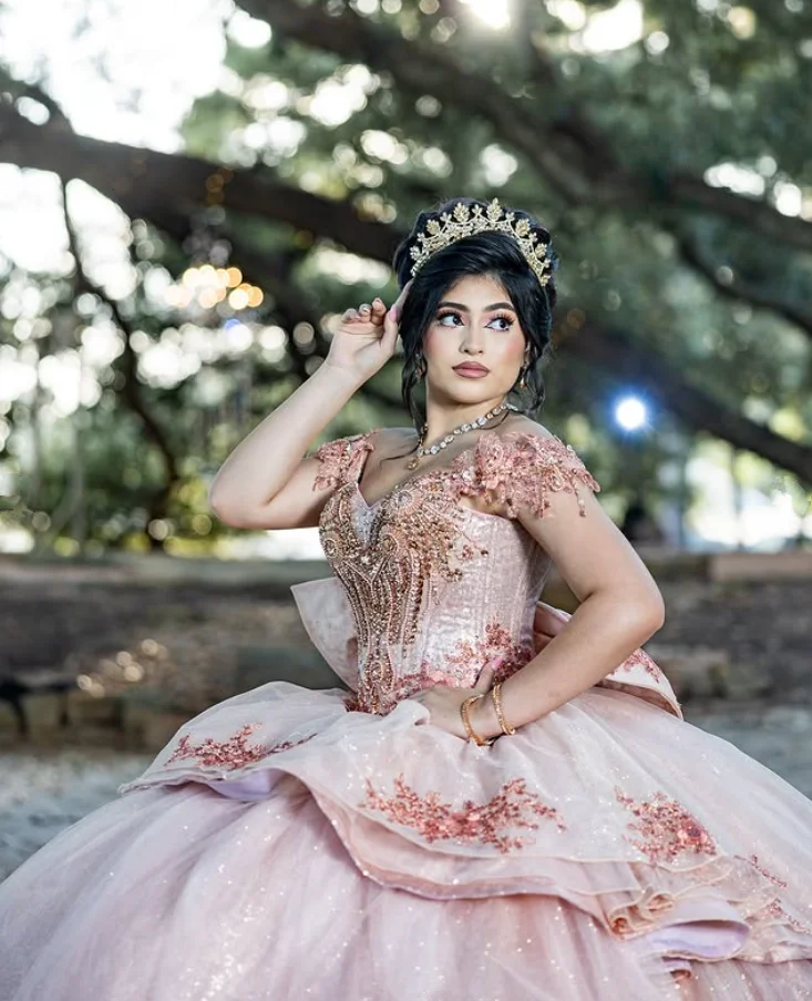 Rose Pink Charro Princess Quinceanera Dresses Ruffles Gillter Applique Lace-up Corset vestidos de 15 años quinceañera Customsize