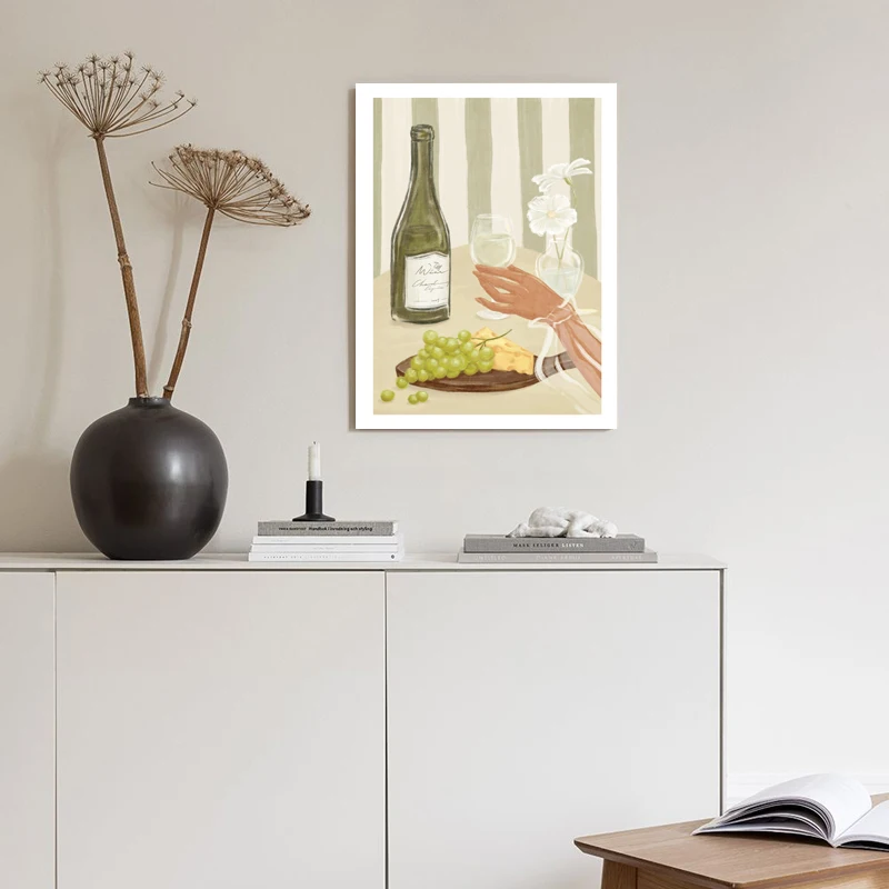Minimalist Still Life Canvas Wall Art - White Wine & Cheese Illustration with Floral Accent Framed Painting Wall Decor 50x70cm