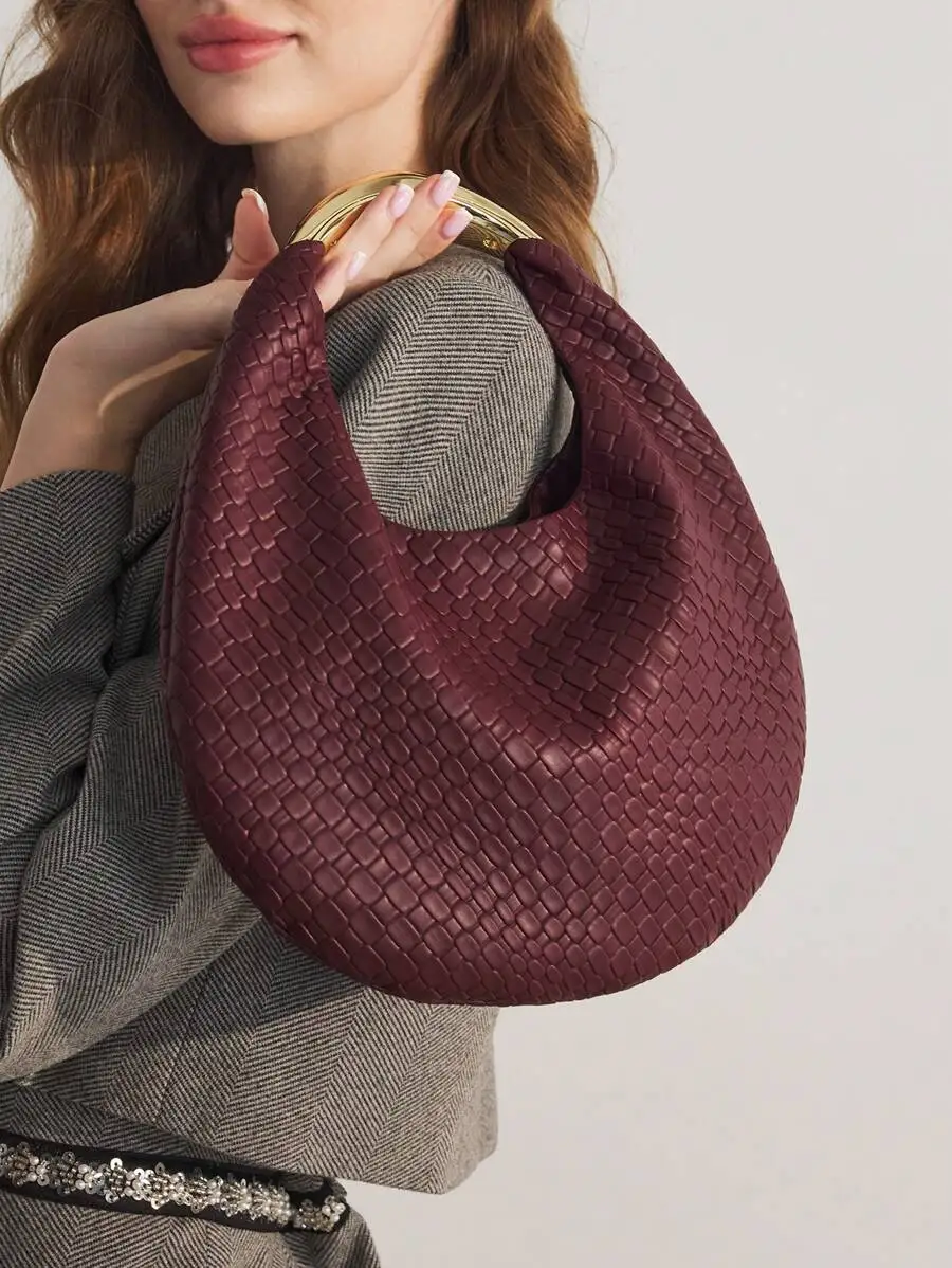 

Women's Woven Texture Top-Handle Handbag in Burgundy with Gold Frame