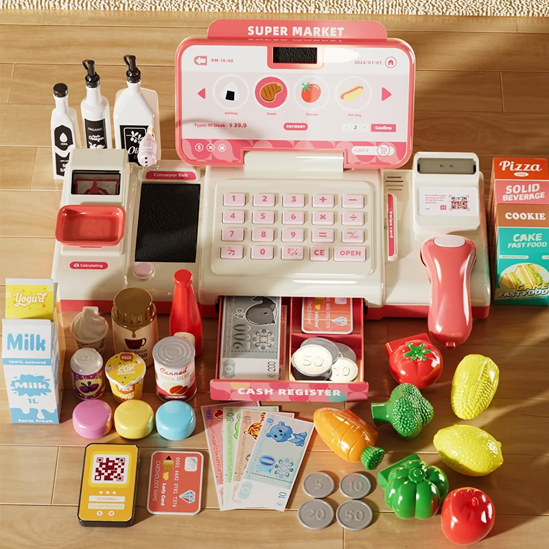 مجموعة ألعاب تسجيل المدفوعات النقدية المكونة من 51 قطعة للأطفال مع آلة حاسبة حقيقية، ماسح ضوئي، ميكروفون، مجموعة لعب كاشيير هدية واقعية للأطفال #2