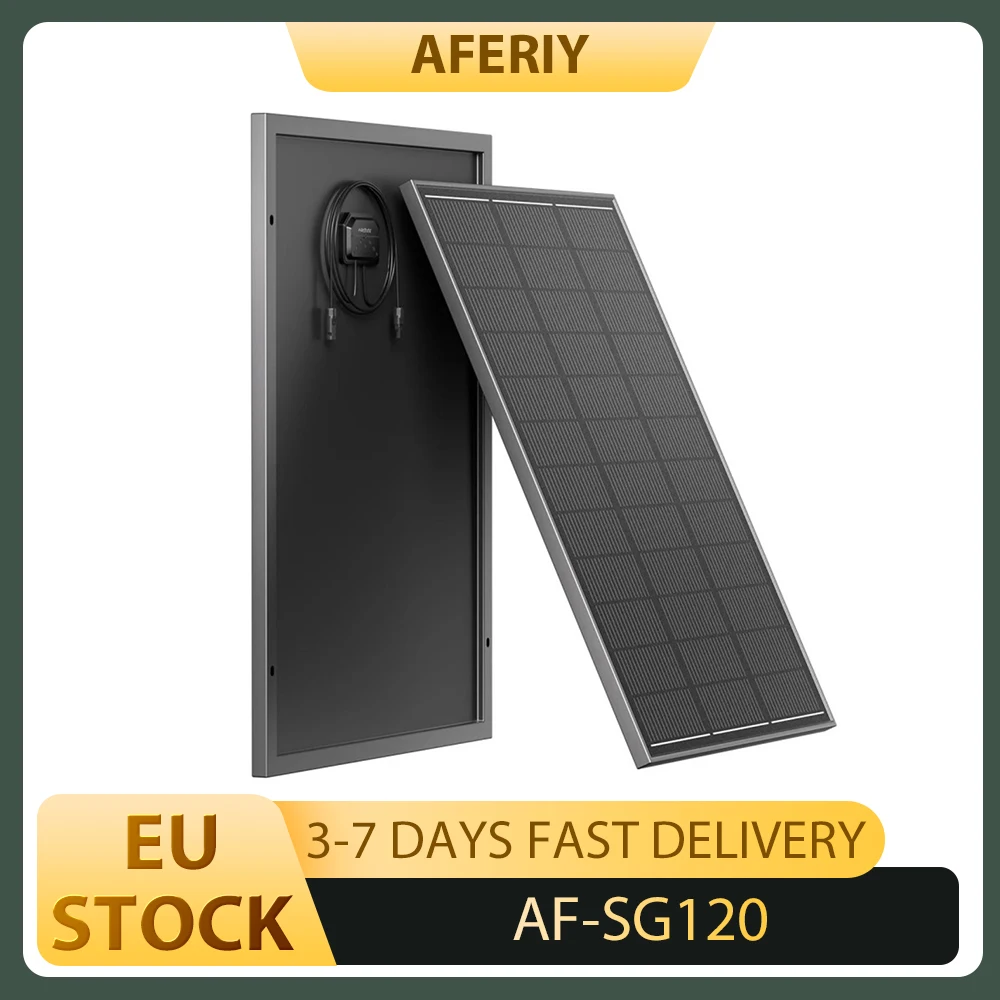 AFERIY AF-SG120 Panneau solaire en verre monocristallin 120 W, haute efficacité 23 %, verre trempé 3,2 mm, cadre en alliage d'aluminium, IP68