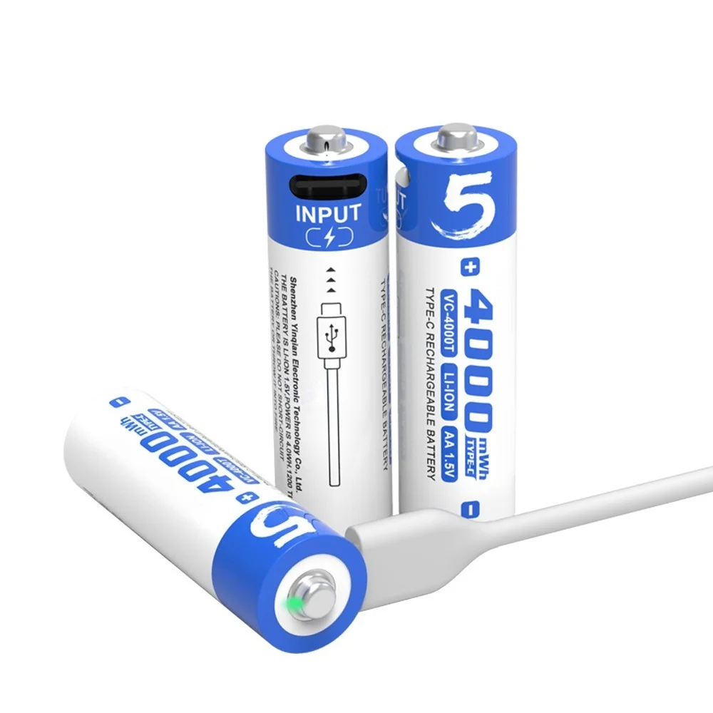 1.5V AA Rechargeable Lithium Battery 4000mWh USB Type-C Charging High Capacity for Flashlights/Toys/Cameras