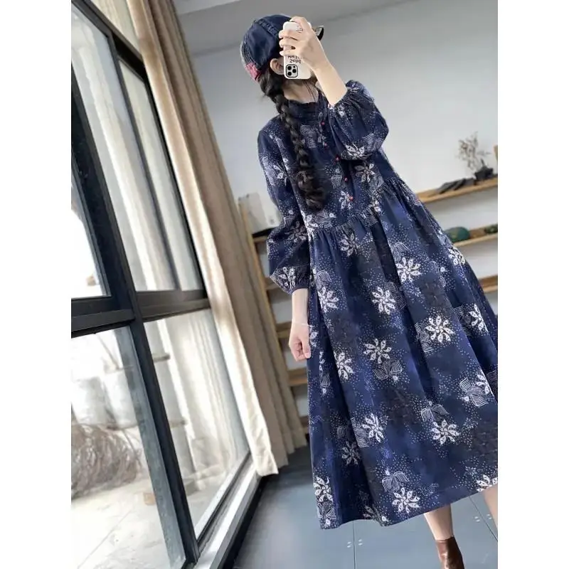 Fashion Stand Collar Spliced Loose Folds Printed Vintage Dress Women\'s Clothing 2024 Spring New Oversized All-match Midi Dress