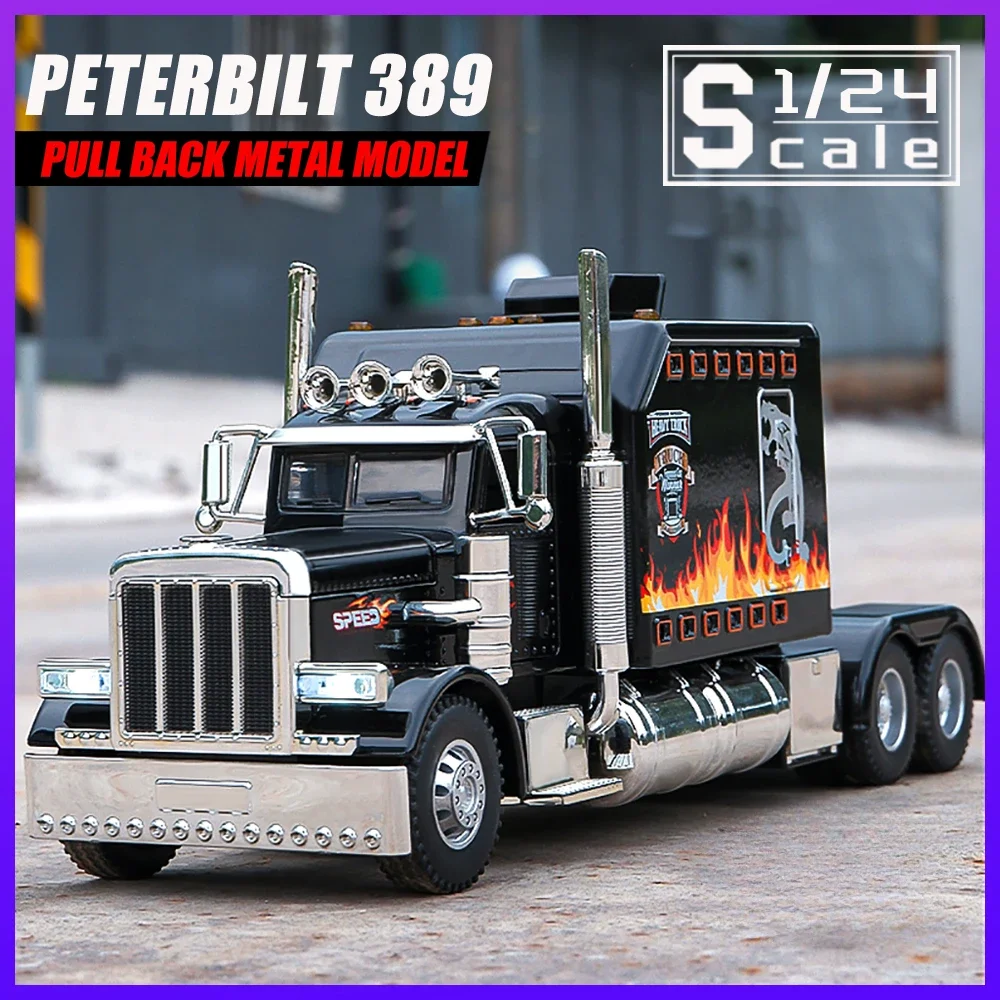 Metal Cars Toys Scale 1:24 Peterbilt 389 Container Trailer Lorry Diecast Alloy Truck Model for Boys Children Kids Toy Vehicles