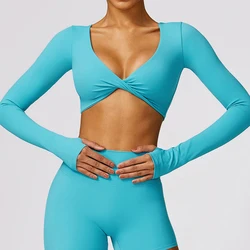 Twist Deep V Workout Crop Shirt Top Quick Dry Padded Sports Fitness Yoga Top Long Sleeve Gym Crop Tops for Women Sportwear