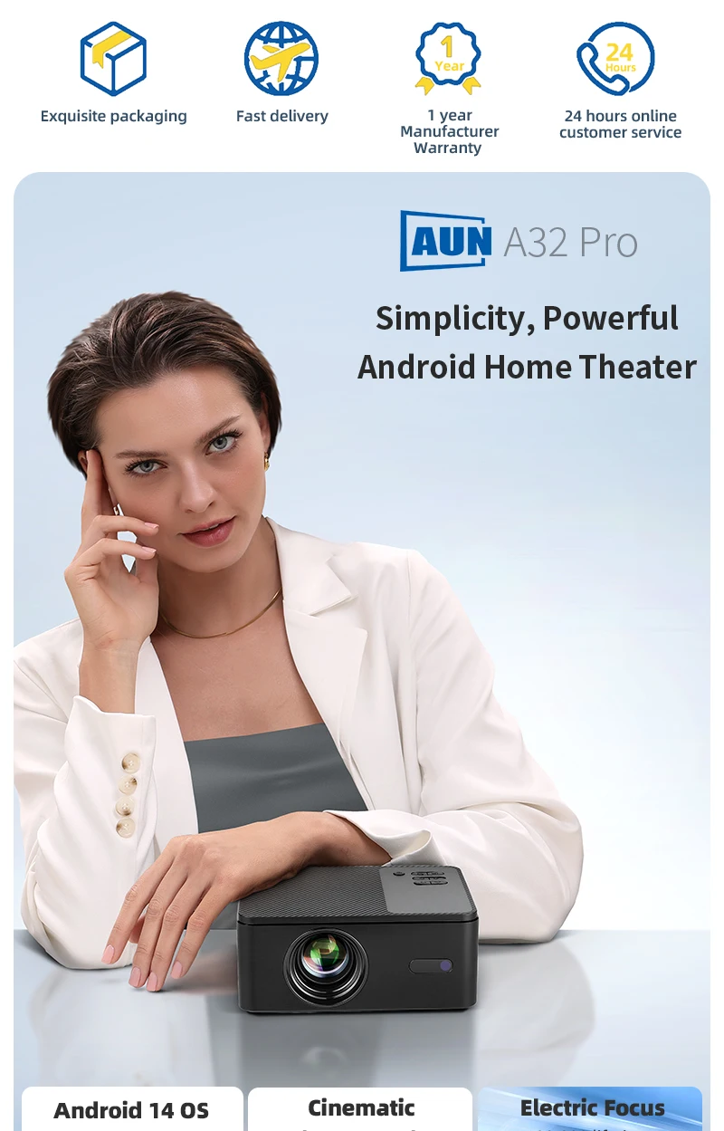 AUN A32 Pro Android 14 Projektor Tragbares Heimkino MINI LED-Projektor 3D WIFI für Telefon Computer 4K Video 1080P Film – Detail 2