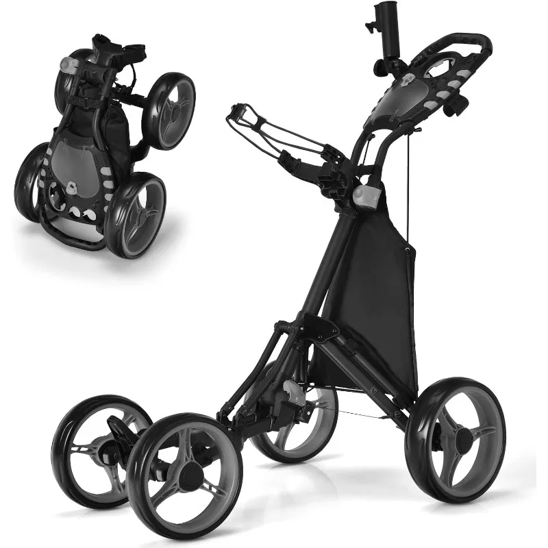 Tangkula Golf Push Pull Cart, Lightweight Aluminum Collapsible 4 Wheels Golf Push Cart, Golf Trolley with Foot Brake, Free Cup