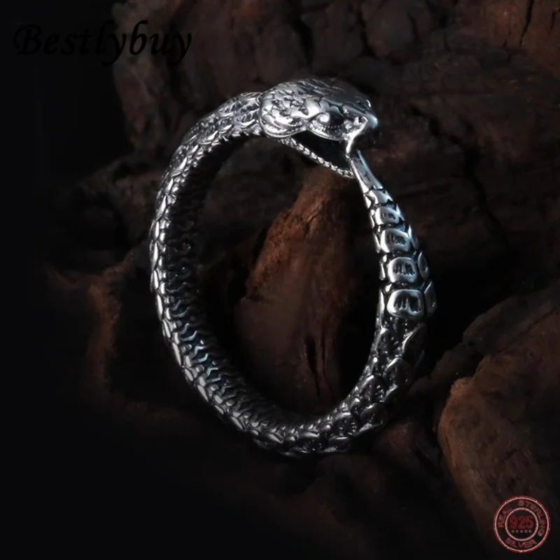 

S925 pure Silver 3D Carved Texture Snake Shaped Personalized Ring For Men And Women Punk Style Jewelry