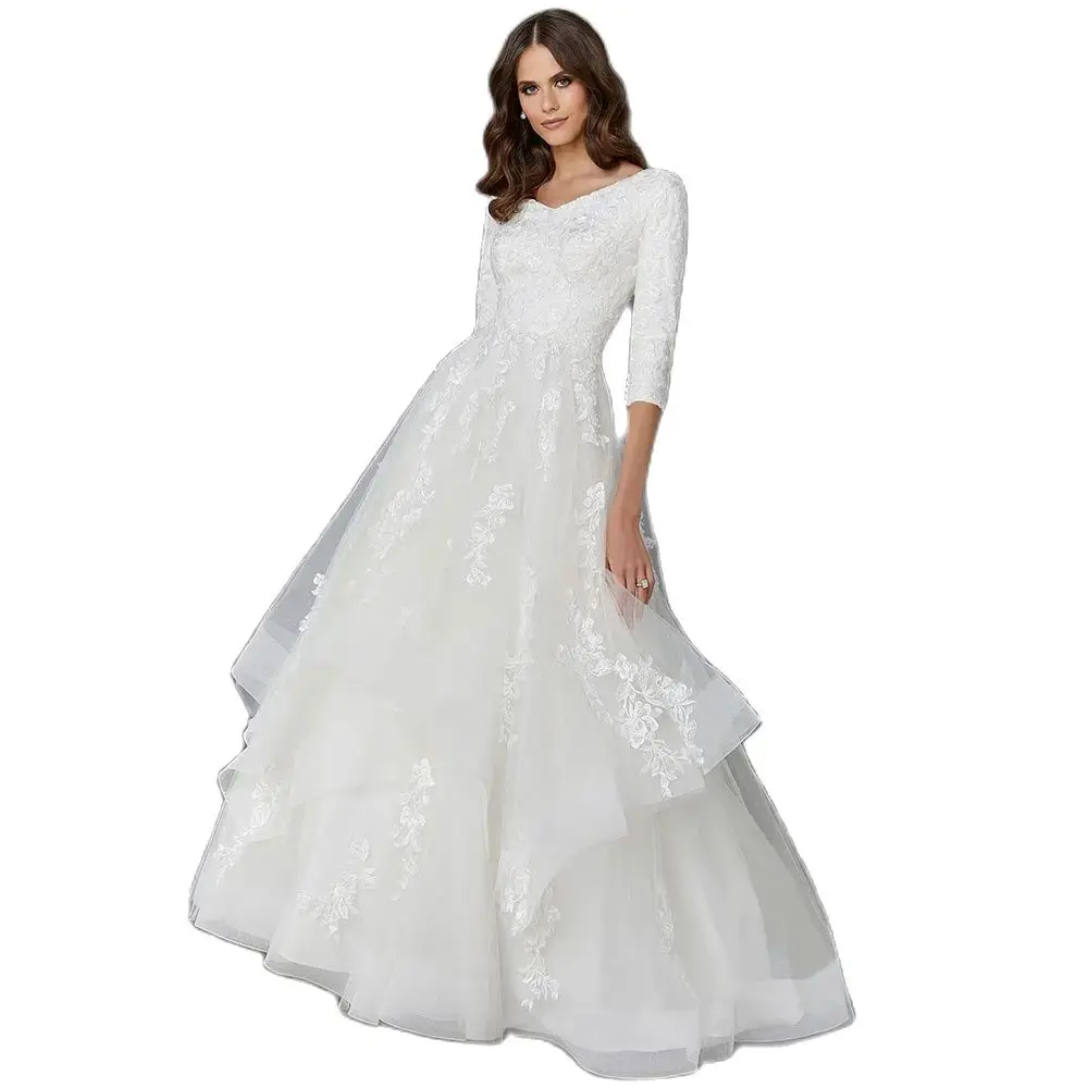 Aangepaste moslim voortreffelijk  A-lijn trouwjurken V-hals Appliqué Borstelsleep Tule Satijn Volledige bruidsjurk robe de mariée - afbeelding 2