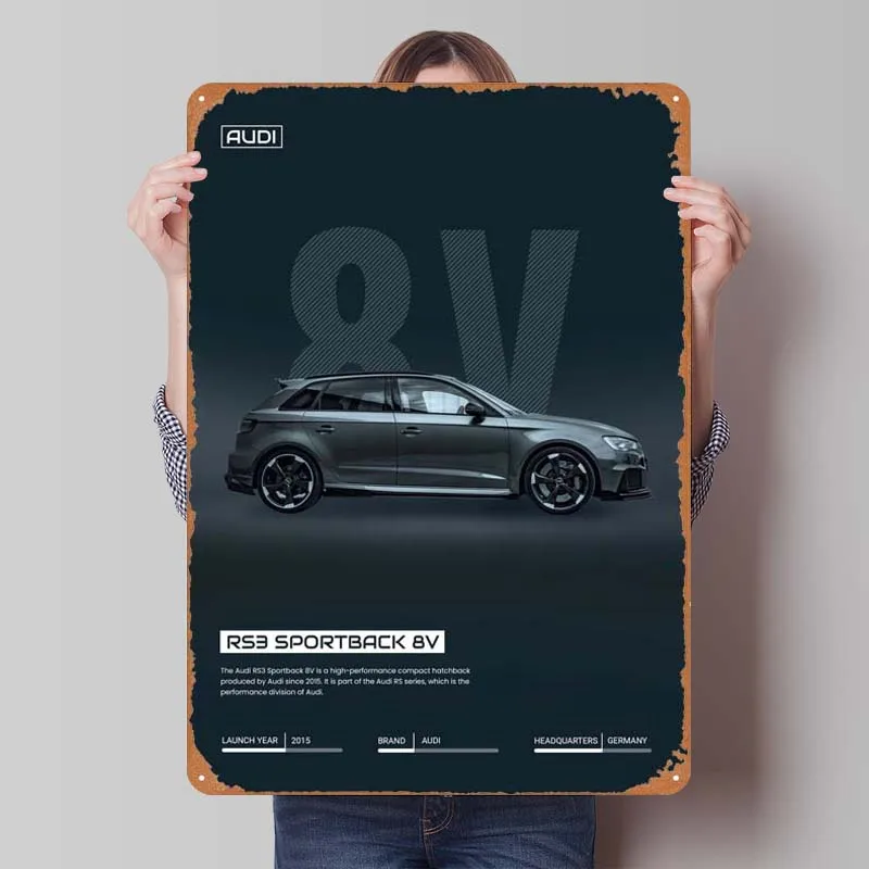 Audi Car RS3 Sportback 8V Tin Sign Car Poster Gamer Room Decoration Vintage Metal Sign Plaque for Wall Art Decoration Coffee Bar