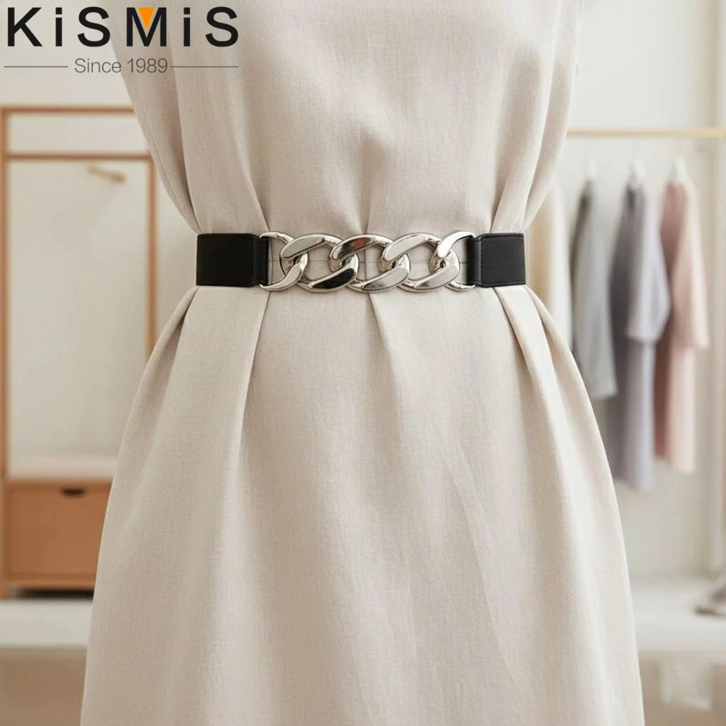 Elastic Silver Metal Chain Belt for Women Fashion Gold Waist Strap Dress Coat Sweater Decorative Waistband