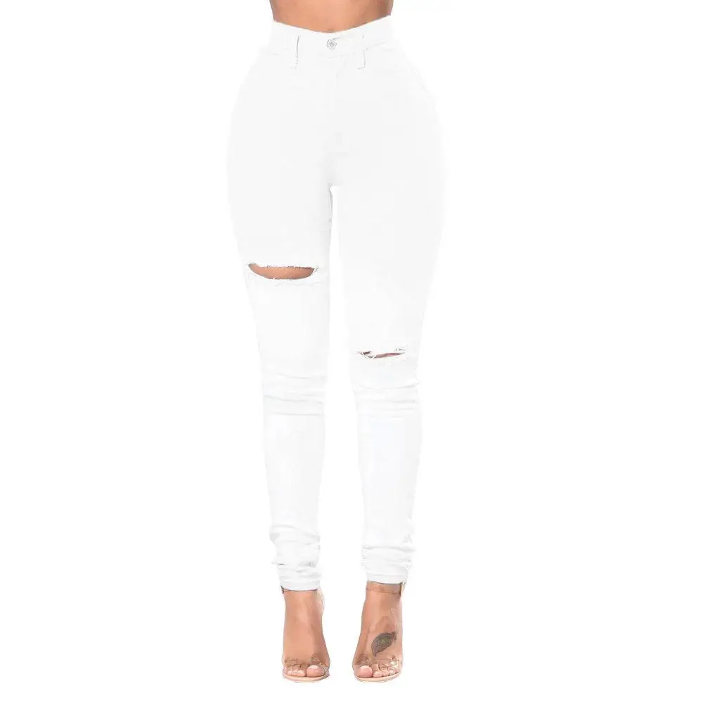 

Elegant White Women's Jeans High Waist High Elasticity Trendy Washed Denim Pants with Hole Design Spring plus Size