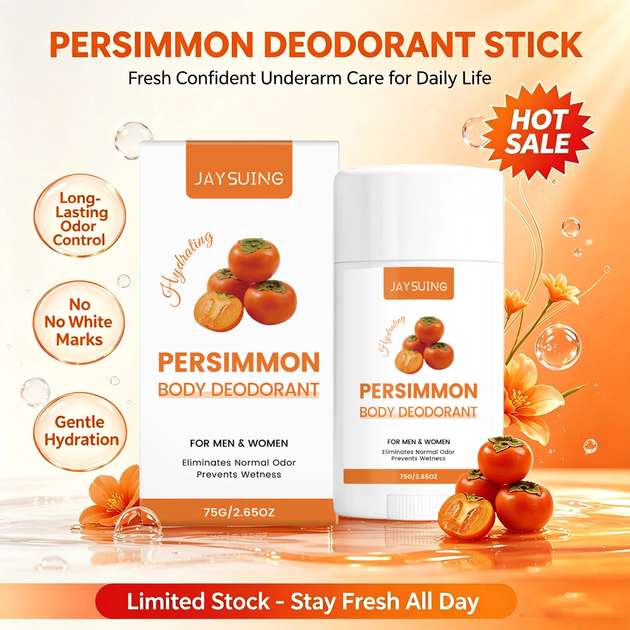 Persimmon Body Deodorant Stick Long-Lasting Odor Control & Moisturizing Natural Fresh Scent Gentle Underarm Care for Daily Use