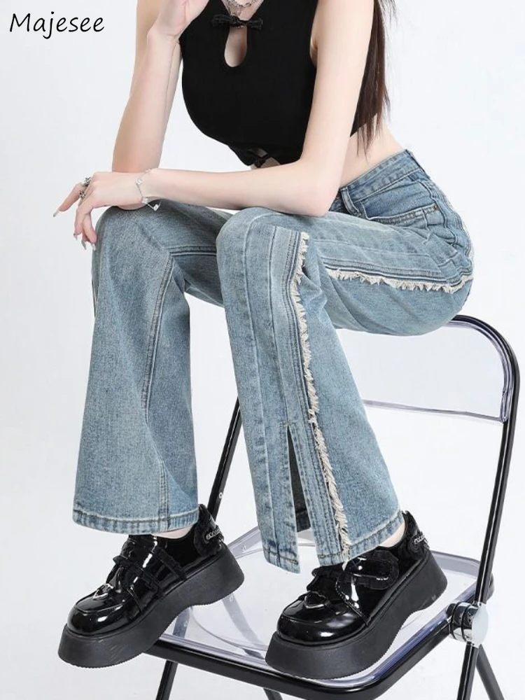 

Side-slit Jeans Women Bleached Loose Leisure Sweet Washed High Waist Gentle Harajuku Streetwear Ripped Wide Leg Denim Trousers