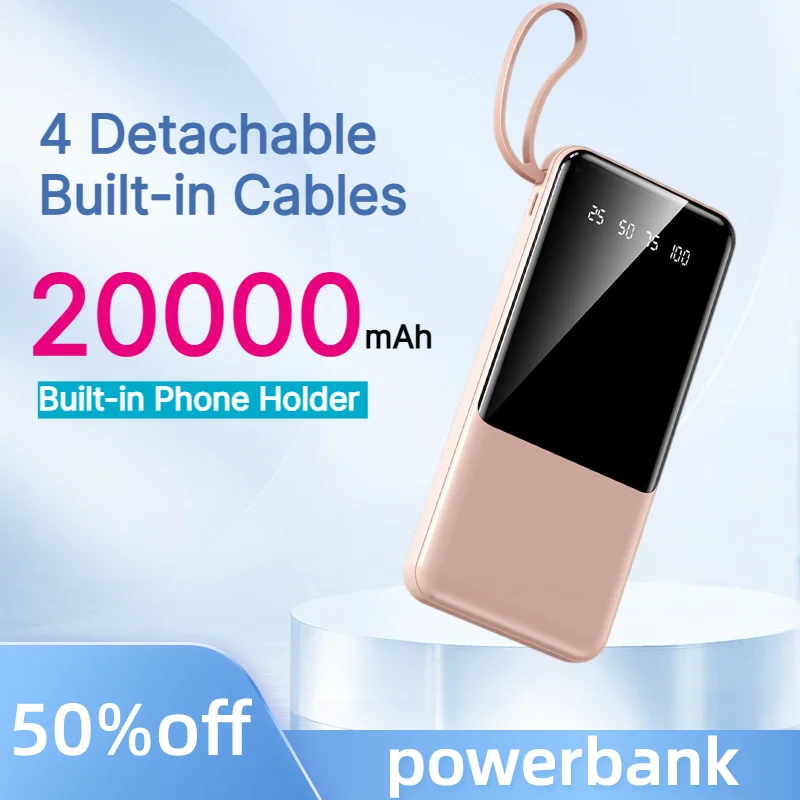 PowerBank 20000mAh 4 Detachable Built-in Cables Power Bank Phone Holder Portable Charger For iPhone Samsung Xiaomi