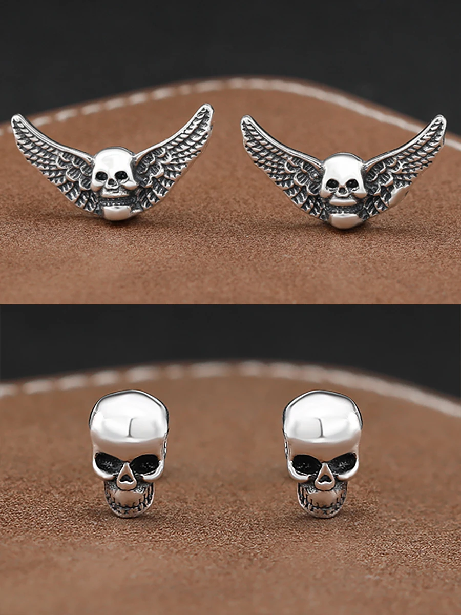 

Full S925 Sterling Silver Angel Wings Skull Head Earrings for Men and Women Personalized Old Dark Gothic Hip Hop Earrings