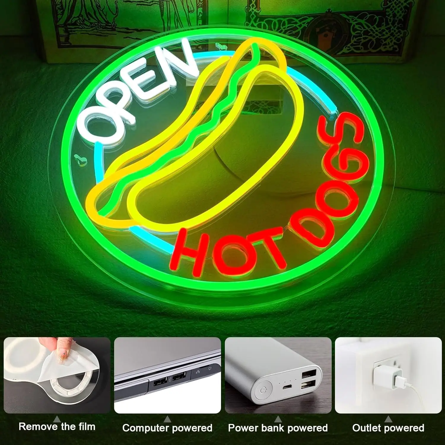 Hot Dogs Neon Signs Open Signs Wall Decor for Business  Window With Adjustable Brightness Suitable Hot Dog Store Cafeteria