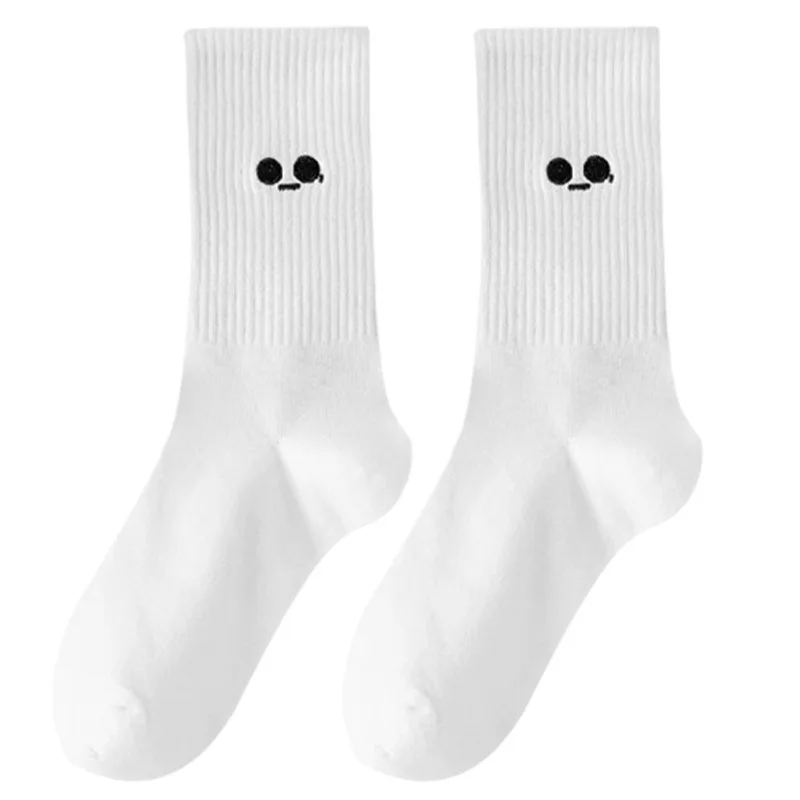 5 Pairs of Men\'s and Women\'s Same Style Pure White Cute Small Expression Tube Socks Comfortable White Match Suitable for Daily T