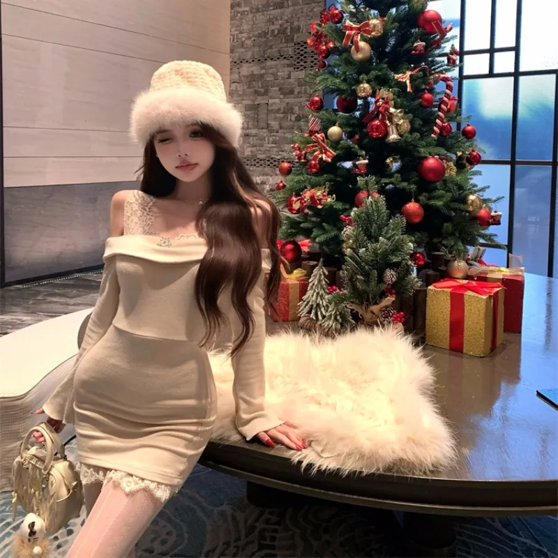 Ele Lace Splice Knitted Dr Slim Fit Bodycon Skirt One oulder High Waist Autumn Winter Women's Faion Casual H-ape