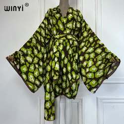 WINYI new Summer beach outfit women beach Cover up kaftan  boho Cardigan Self Belt sexy Holiday long Sleeve Leopard print Kimono