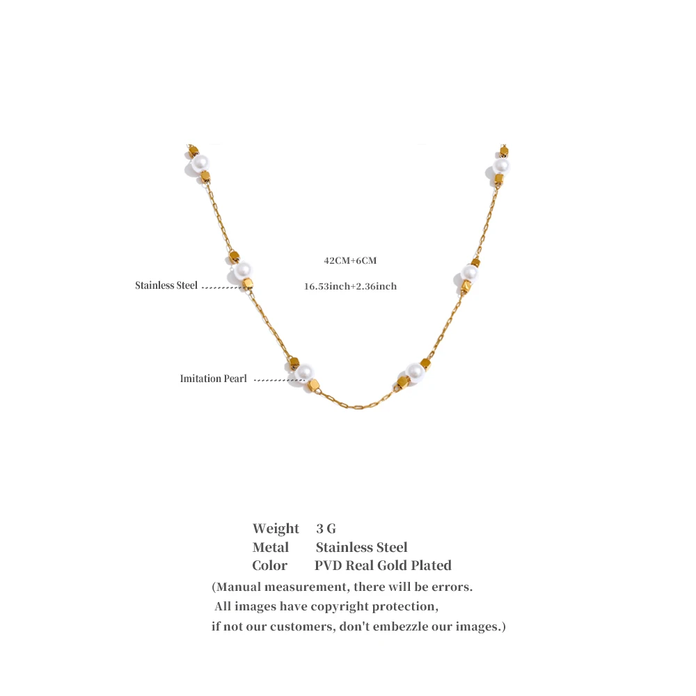 Yhpup Waterproof Stainless Steel Simulated Pearls Square Thin Chain Necklace Waterproof Fashion Chic Jewelry 2025 Accessories