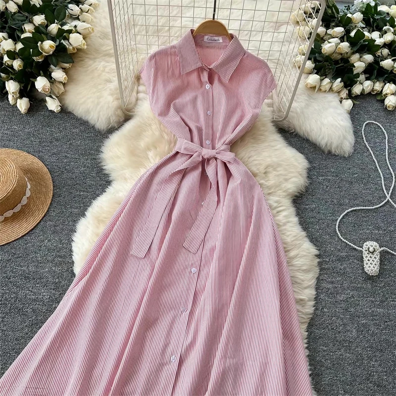 Damen Sommerkleid, neu, gestreift, mit Bindegürtel, schmal geschnitten, ärmellos, Midikleid, lässig, elegant, für Büro und Freizeit, mit Taschen, DR1970 – Detail 11