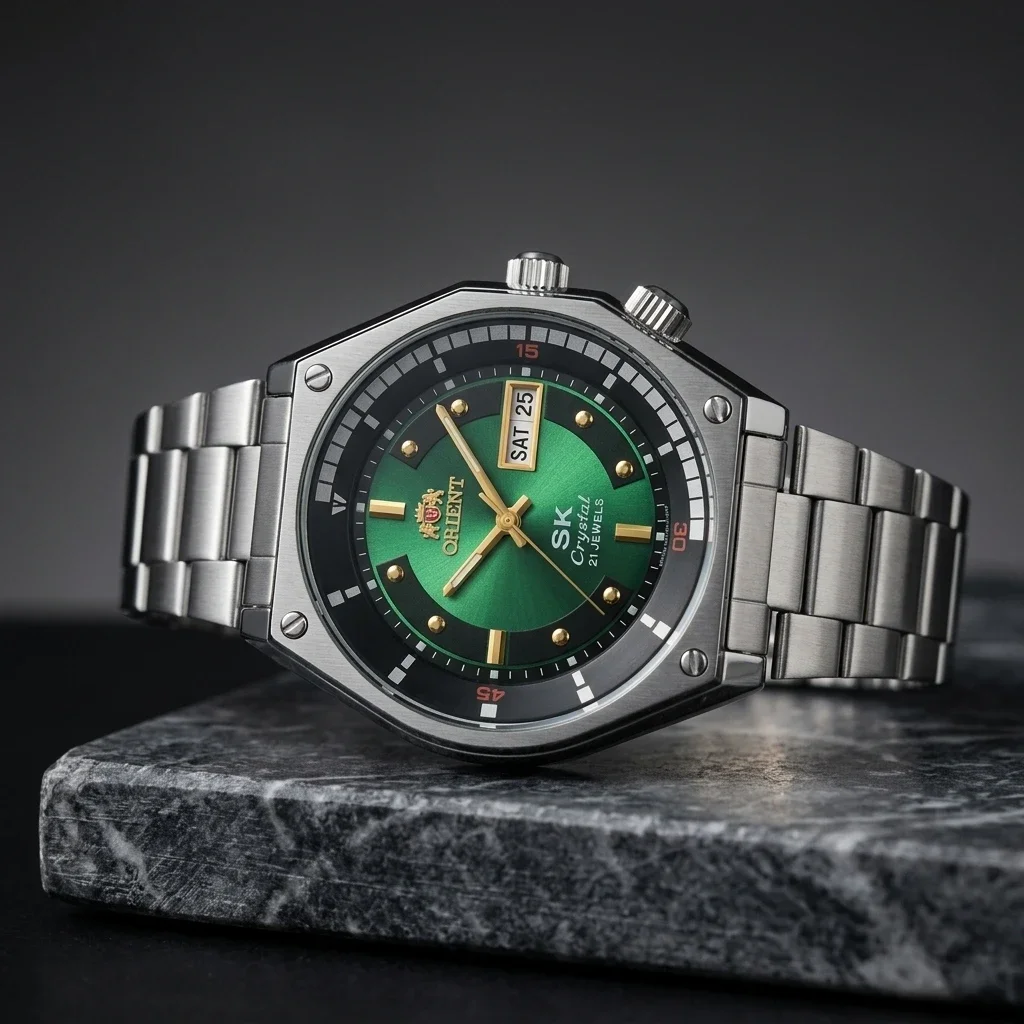 SK Crystal Automatic Dive Orient Watch 22 Jewels Day Date Luminous Stainless Steel Octagon Men Wristwatch