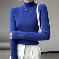 High Collar Long Sleeved Knitted Sweater Women's Slim Tops Blue Purple Red Long-Sleeved Bottoming T Shirt Sweater Top X-G-Xinde