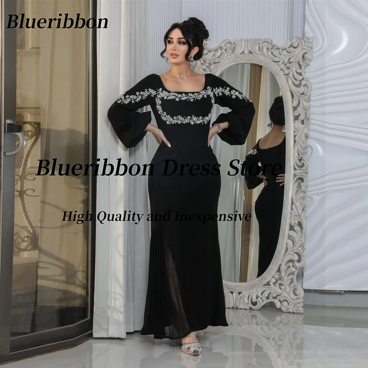 

Blueribbon Robe De Soiree Luxury Beaded Prom Dresses Saudi Arabia Women Wear Long Sleeves Evening Party Special Occasion Gowns