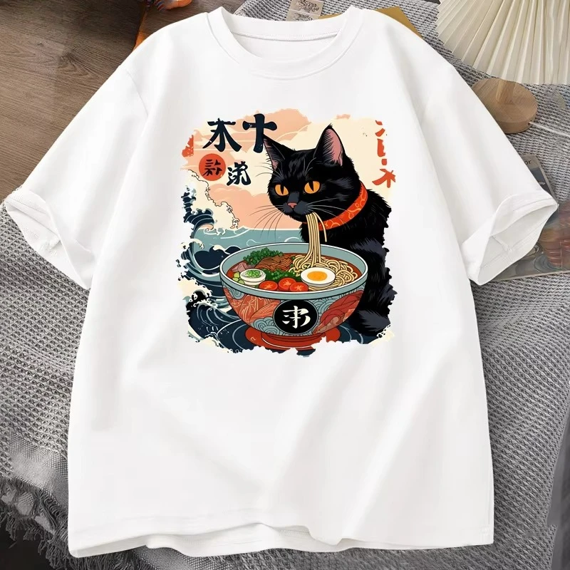 

Funny flat Kawaii noodle cat T-shirt for men and women can wear trendy summer hot-selling version cotton