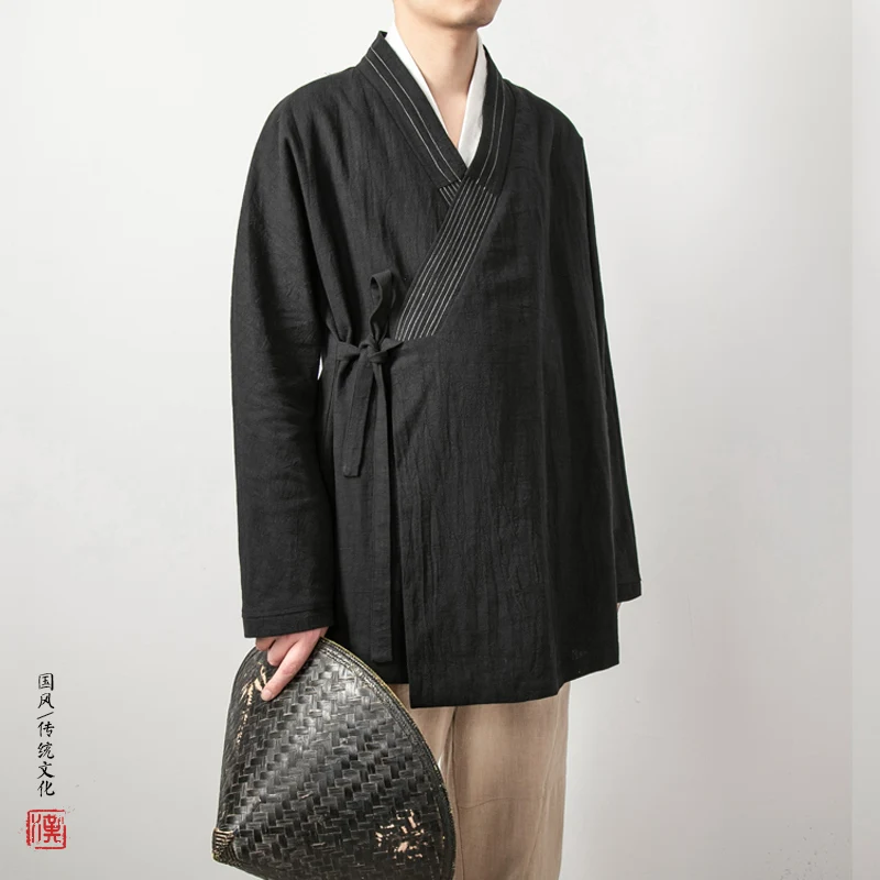 2023 Men\'s Chinese Style Linen Cardigan Jacket Loose Black Kimono Jacket Solid Color Self-Tie Hanfu Traditional Clothing 4Xl