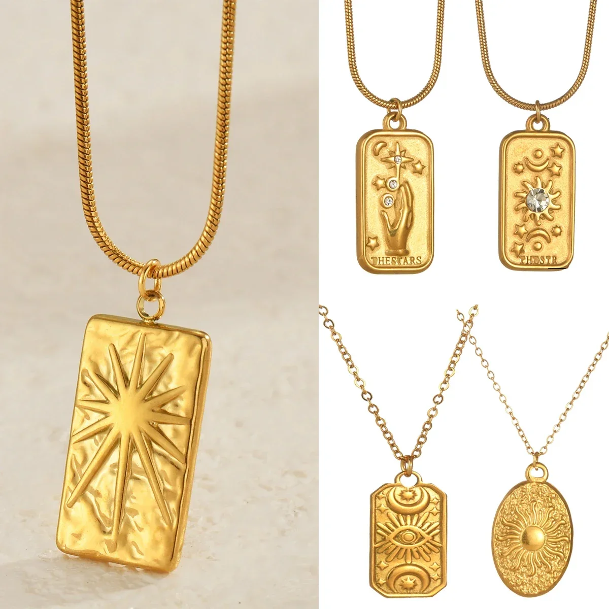 Spiritual Tarot Sign CZ Square Pendant Necklaces for Women Carved Star Sun Moon Apollo Charms Chokers Retro Geometric Jewelry