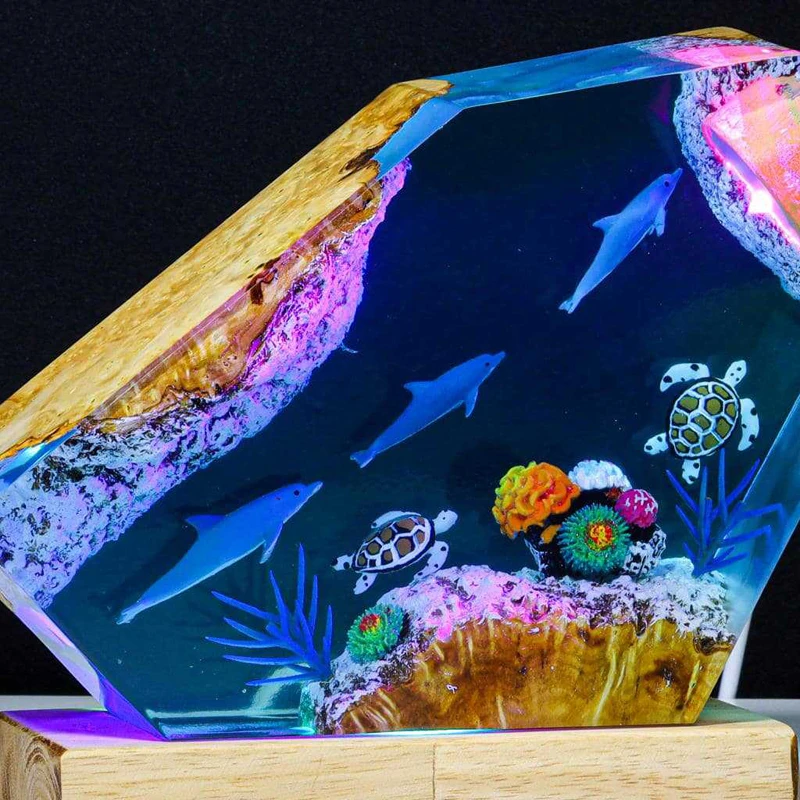 Luz de mesa de resina com organismo mundial do fundo do mar, arte criativa, decoração, lâmpada, golfinhos, tartarugas marinhas, tema, luz noturna, carga usb