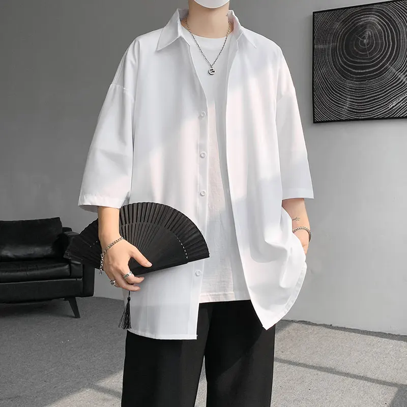 Mens Solid Short sleeved Shirt Korean Ice Silk Fashion Shirts Comfortable Blouse Men Casual Loose Classic Shirt Plus Size 4XL