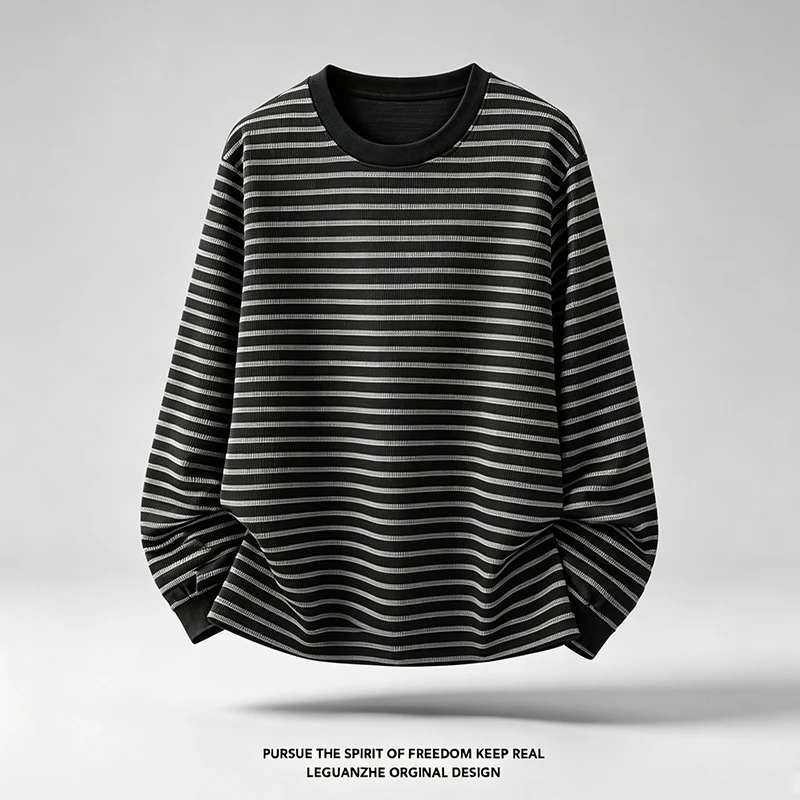 Vintage-T-Shirt mit langen Ärmeln und Streifenmuster für Herren, lockere Passform, Rundhalsausschnitt, lässiges Basic-Oberteil, weich und bequem, ideal für den täglichen Gebrauch. – Detail 6