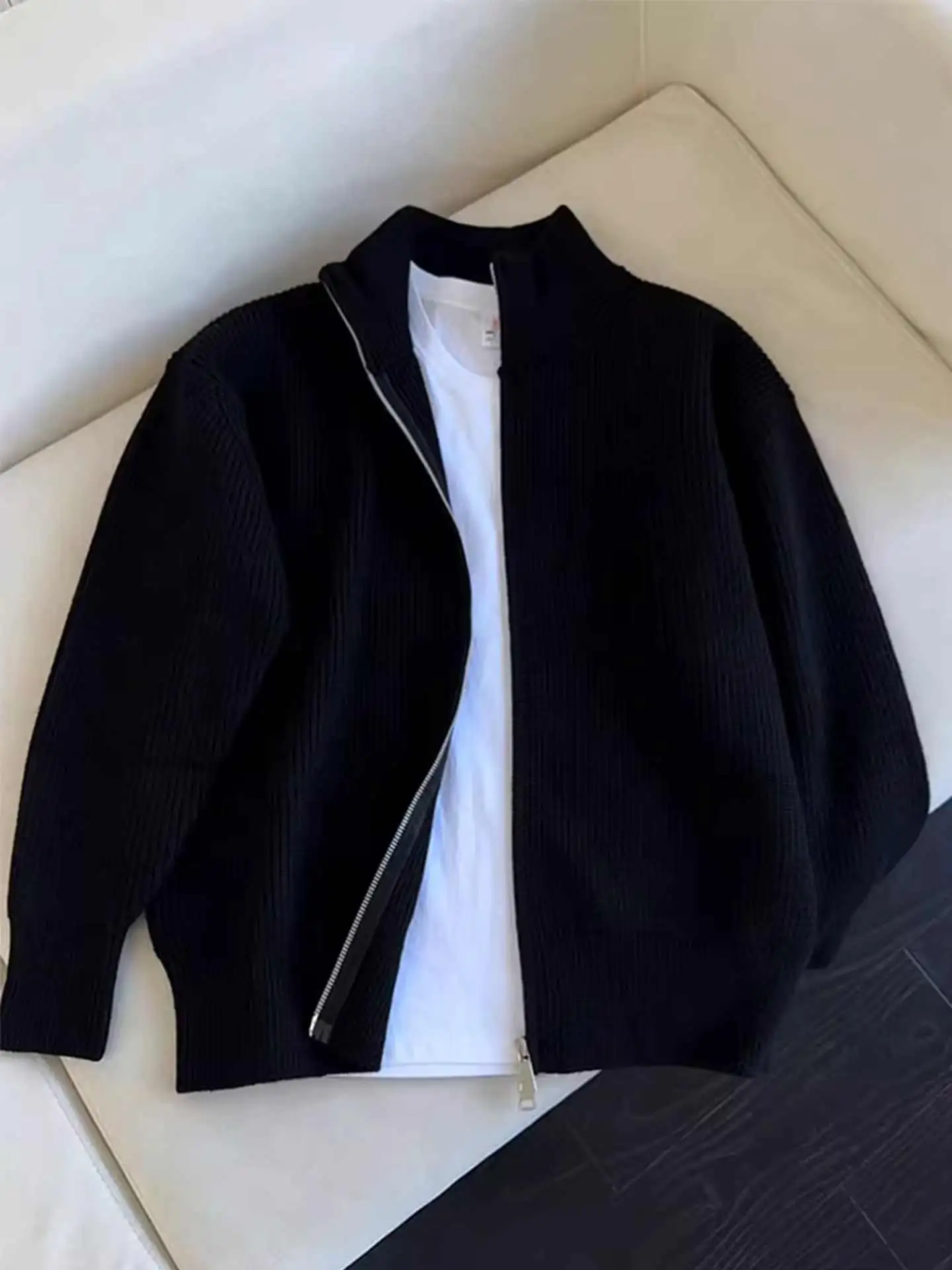 

Pure Bla Zipper Collar Men's Knitwear Double Zipper Couple's Outerwear Casual Loose Fit Polyester Fiber Autumn Wear