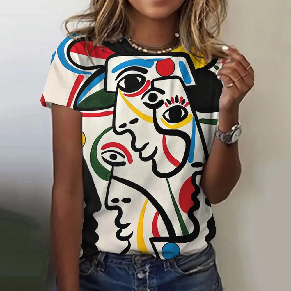 Abstract Character Print T Shirt For Women Casual O-neck Short Sleeve Tops Fashion Street Girl T-Shirts Summer Loose Ladies Tees
