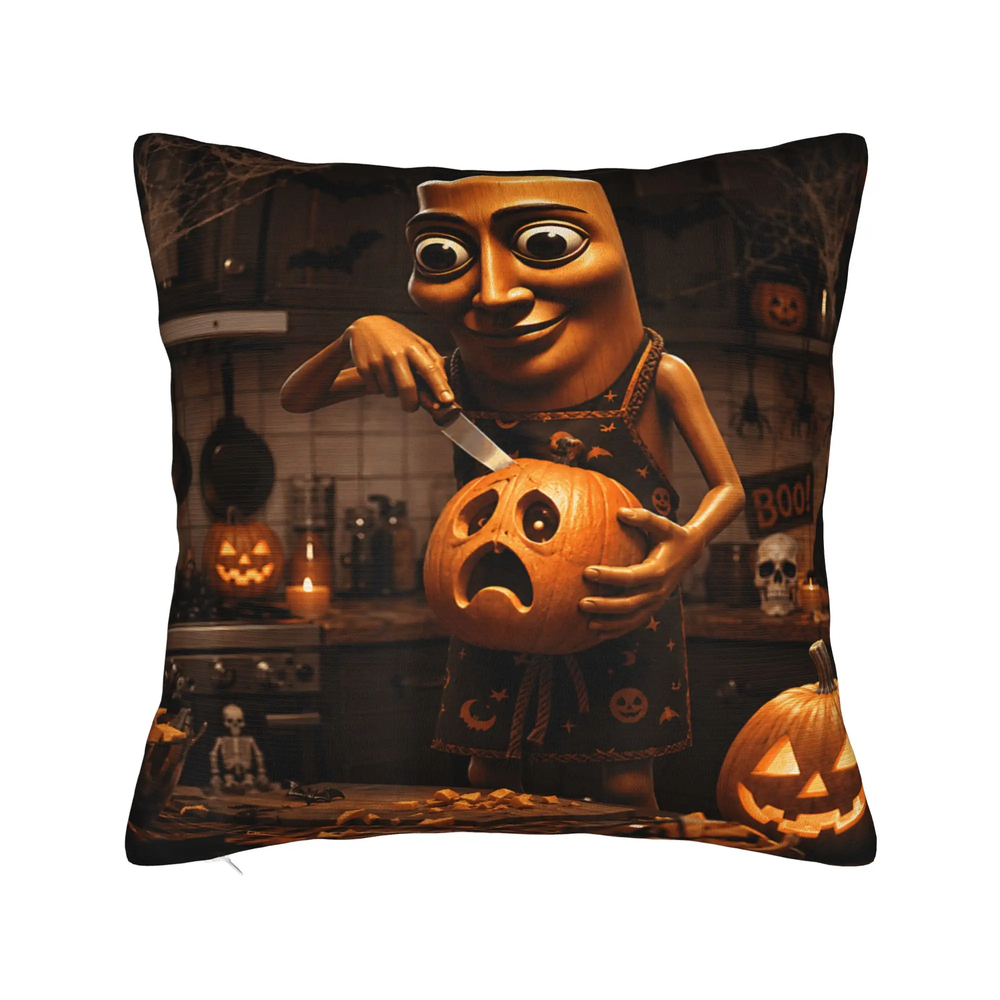 Meme Tung Sahur Carving Spooky Pumpkin Halloween Scary Night Pillow Case Pillow Cover For Couch Sofa Bedroom Cute Pillowcases