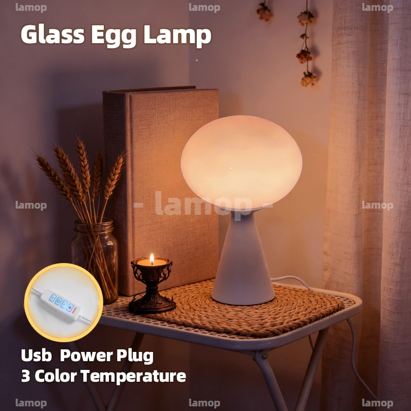 Flat‑Egg‑Shaped Glass Table Lamp Relaxed Home 3‑Level Dimmable USB Powered Home Furnishing Table Lamp for American‑Casual Teen R