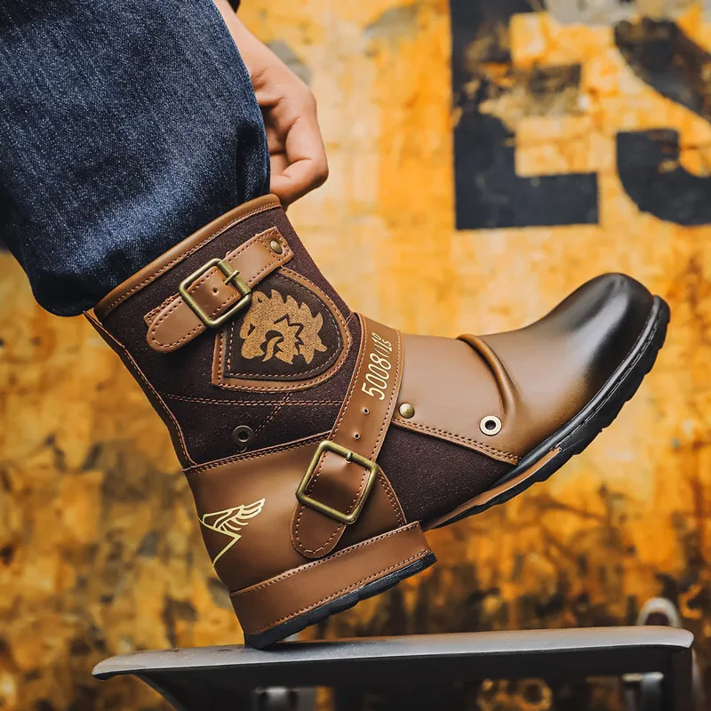 Luxury New Cowboy Men's Ankle Boots High Quality Retro Men Motorcycle Boots Fashion Western Boot Metal Style Zip Men Shoes 39-48 view 5