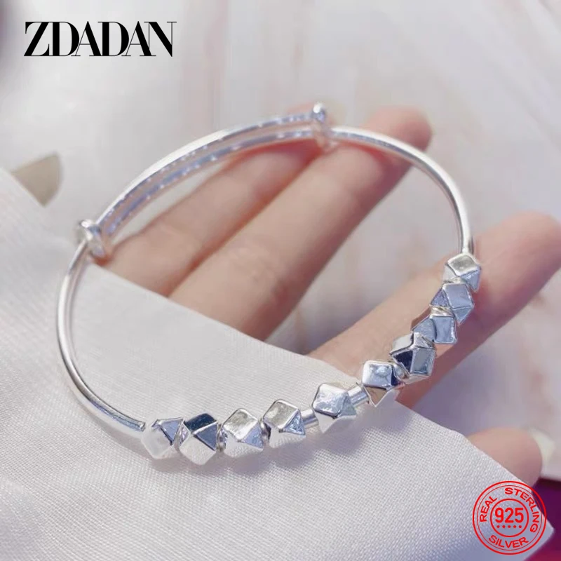 ZDADAN 925 Sterling Silver 2mm Cube Adjustable Cuff Bracelet&Bangle For Women Fashion Jewelry