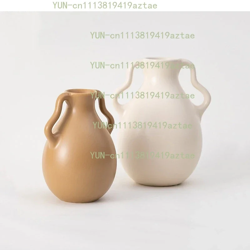 Ceramic Vase Matte Double Handle Tabletop Flower Arrangement Hydroponic Vases for Flowers Interior Decoration